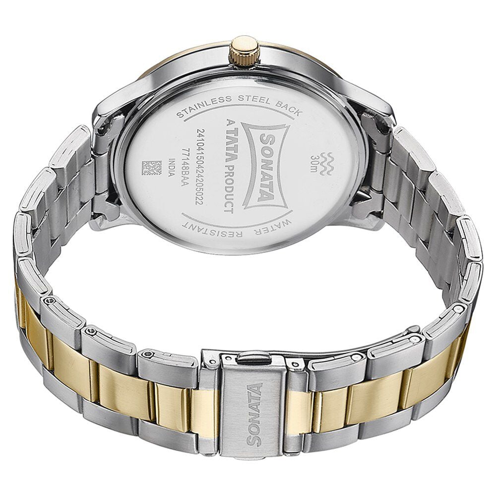Buy Online Sonata Quartz Analog Golden Dial Two Toned Stainless Steel Strap Watch For Men 77148bm01 p Sonata