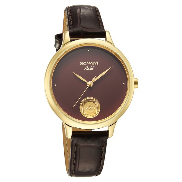 Sonata Gold Quartz Analog Regal Maroon With Gold Coin Dial Brown Leather Strap Watch For Women - image number 0