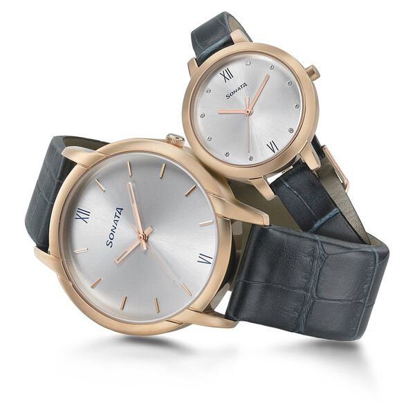 Sonata Quartz Analog Silver Dial Leather Strap Watch for Couple - image number 3