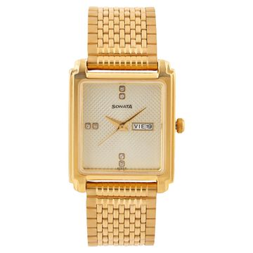 Sonata Quartz Analog with Day and Date Champagne Dial Stainless Steel Strap Watch for Men