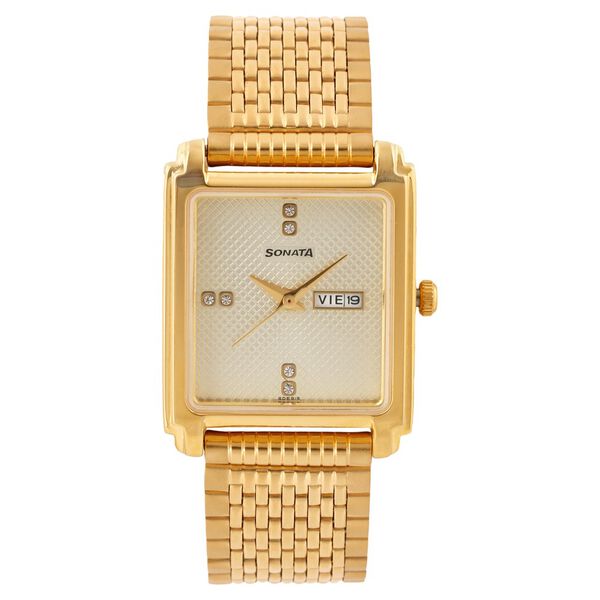 Sonata Quartz Analog with Day and Date Champagne Dial Stainless Steel Strap Watch for Men - image number 0