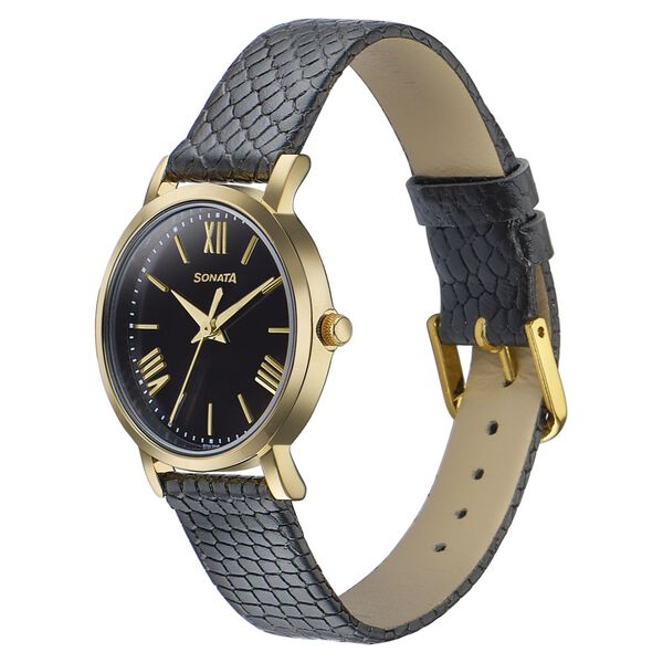 Sonata Glam Gold Quartz Analog Black Dial Leather Strap Watch For Women - image number 2