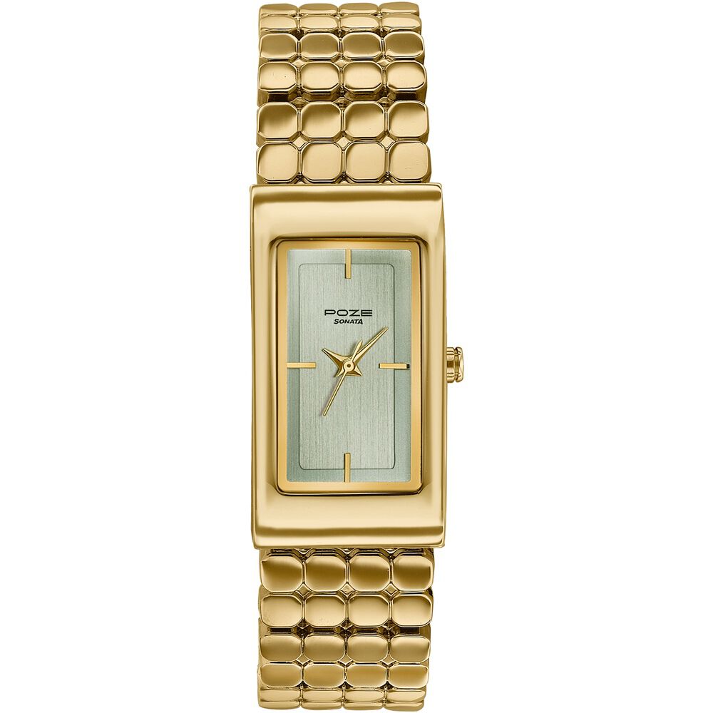 sonata Poze Poze Quartz Analog Green Dial Golden Metal Strap Watch For Women-picture-26