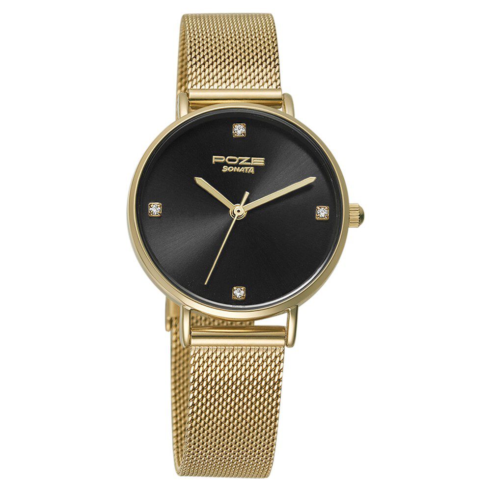 Buy Online Poze by Sonata Quartz Analog Black Dial Stainless Steel Strap Watch for Women sp80048ym02w Sonata