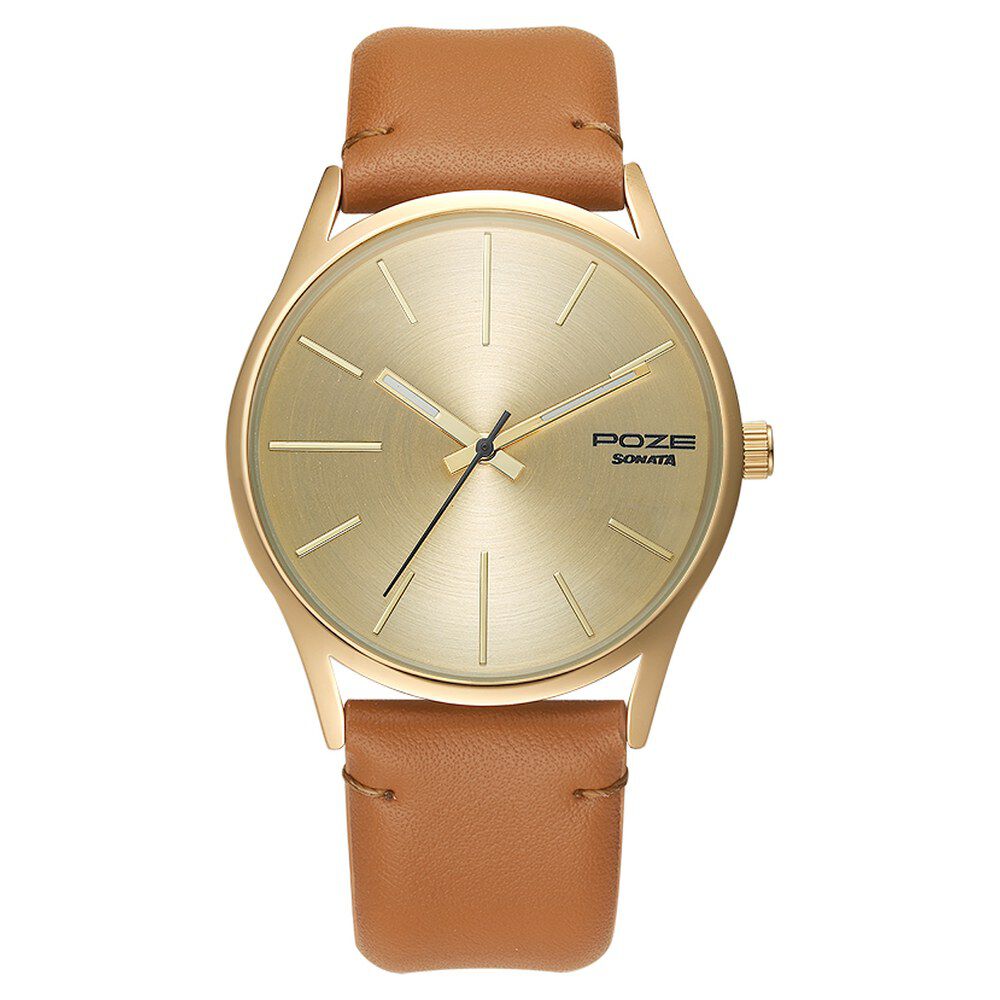 Buy Online Poze by Sonata Quartz Analog Golden Dial PU Leather Strap Watch for Men sp70013yl01w Sonata