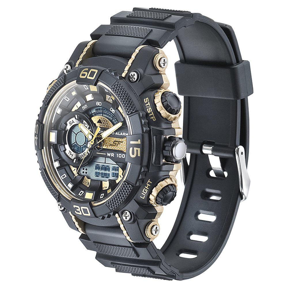 SF Quartz Analog Digital Golden Dial PU Strap Watch for Men