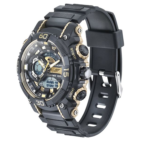 SF Quartz Analog Digital Golden Dial PU Strap Watch for Men - image number 1