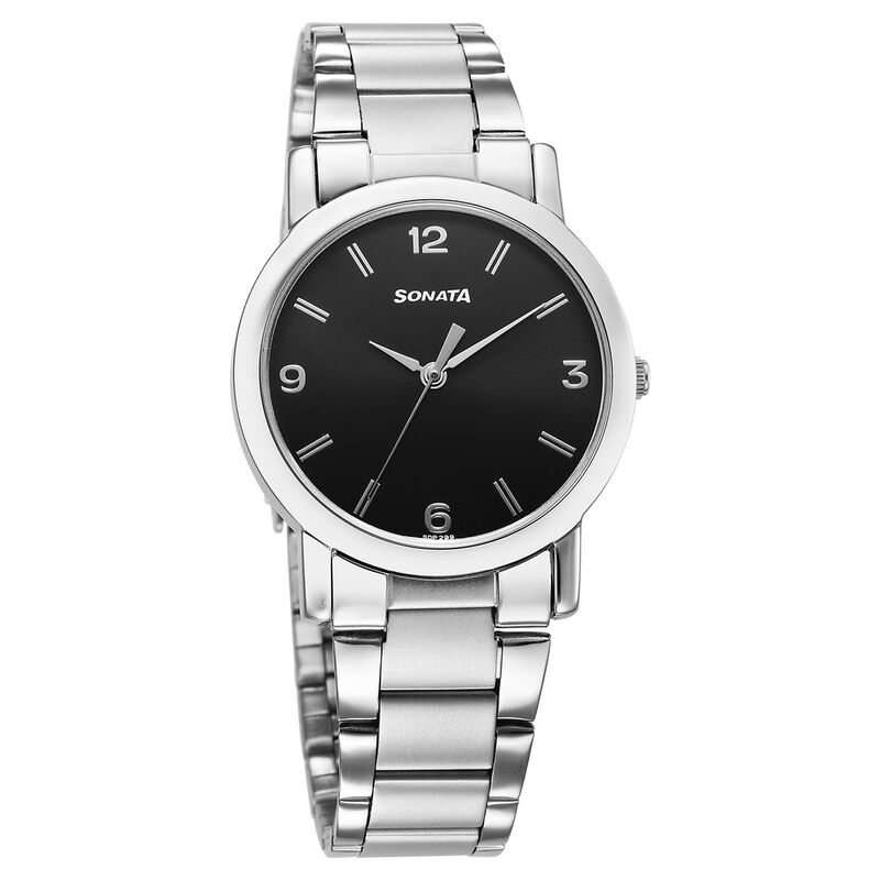 Buy Online Sonata Classic Quartz Analog Black Dial Silver Stainless Steel Strap Watch for Men