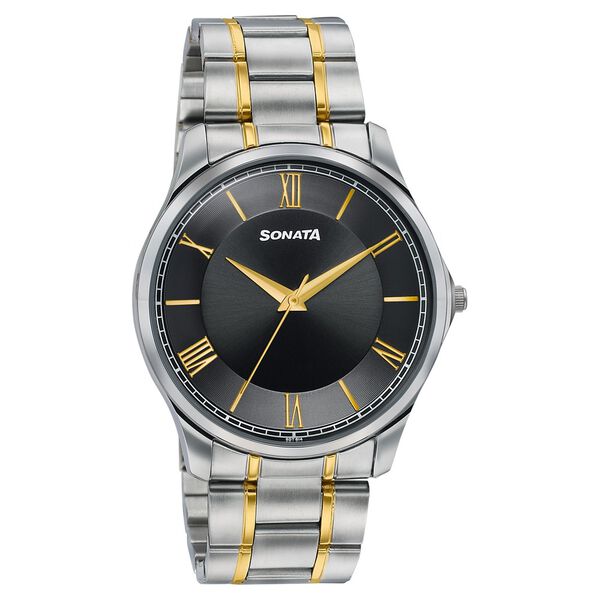 Sonata Traditional Essentials Black Dial Silver & Gold-Tone Stainless Steel Strap Watch - image number 1