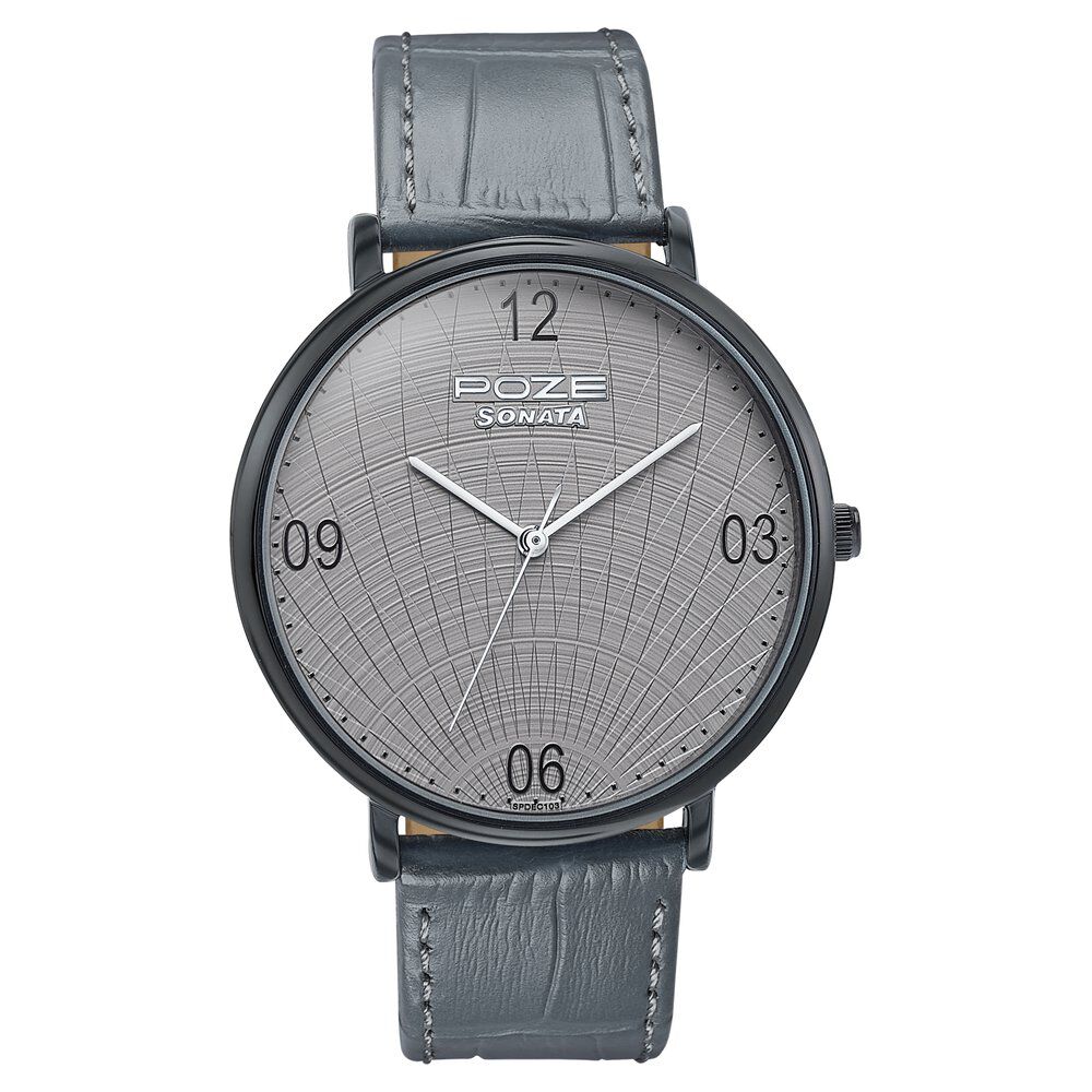 Buy Online Sonata Poze Quartz Analog Grey Dial Leather Strap Watch