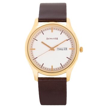 Sonata Quartz Analog with Day and Date White Dial Leather Strap Watch for Men