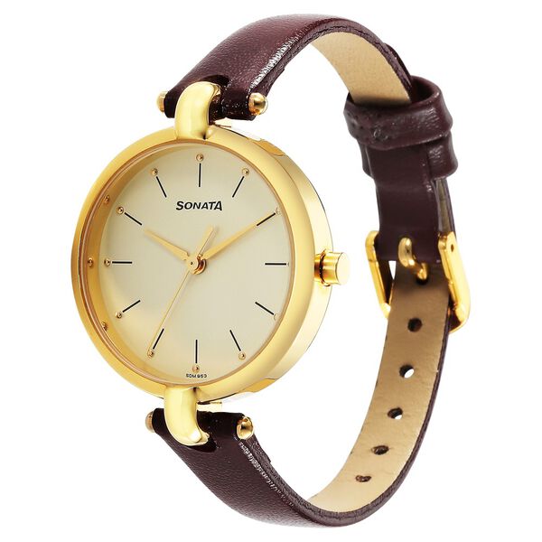 Sonata Gold Edit Champagne Dial Women Watch With Leather Strap - image number 1