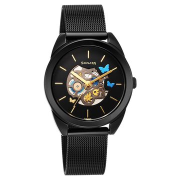 Sonata Unveil Quartz Multifunction Black Dial Stainless Steel Strap Watch for Women