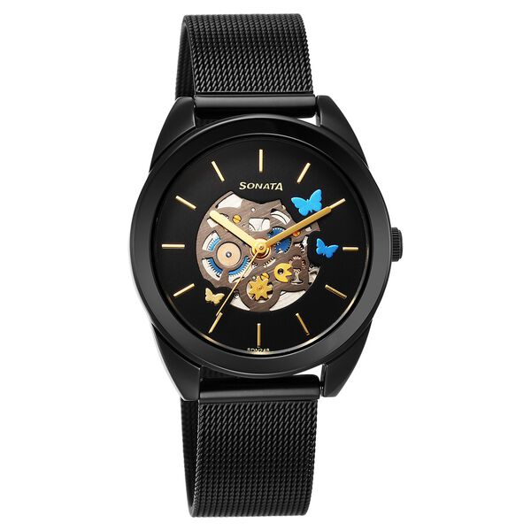 Sonata Unveil Quartz Multifunction Black Dial Stainless Steel Strap Watch for Women - image number 0