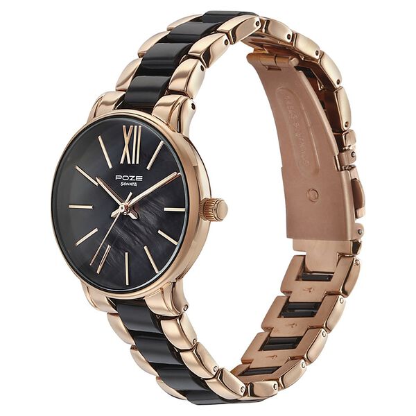 Sonata Poze Quartz Analog Mother Of Pearl Round Dial Two Toned Metal & Plastic Strap Watch For Women - image number 3