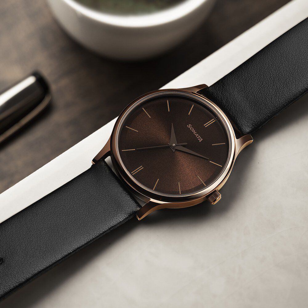 Sonata Aspire Quartz Analog Brown Dial Leather Strap Watch for Men