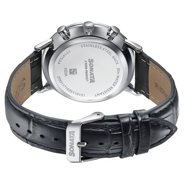 Sonata Festive Quartz Multifunction Silver Dial Black Leather Strap Watch For Men - image number 5