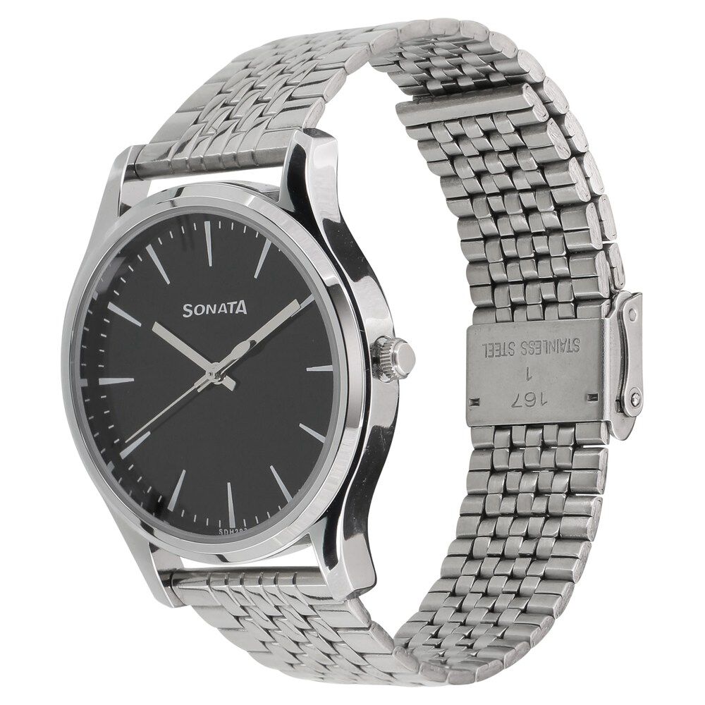 Sonata Quartz Analog Black Dial Stainless Steel Strap Watch for Men