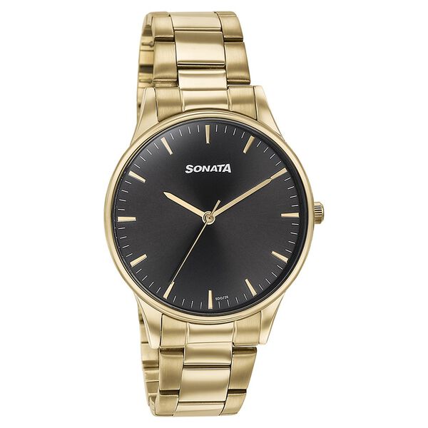 Sonata Quartz Analog Black Dial Golden Stainless Steel Strap Watch For Men - image number 2