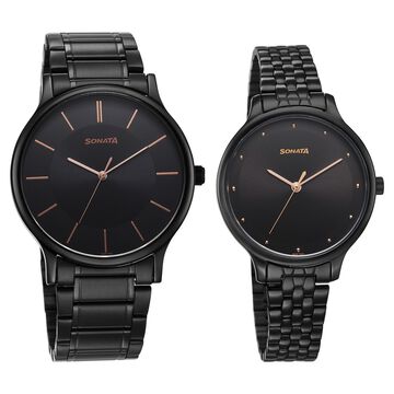 Sonata Pair Quartz Analog Black Dial Stainless Steel Strap Watch for Couple