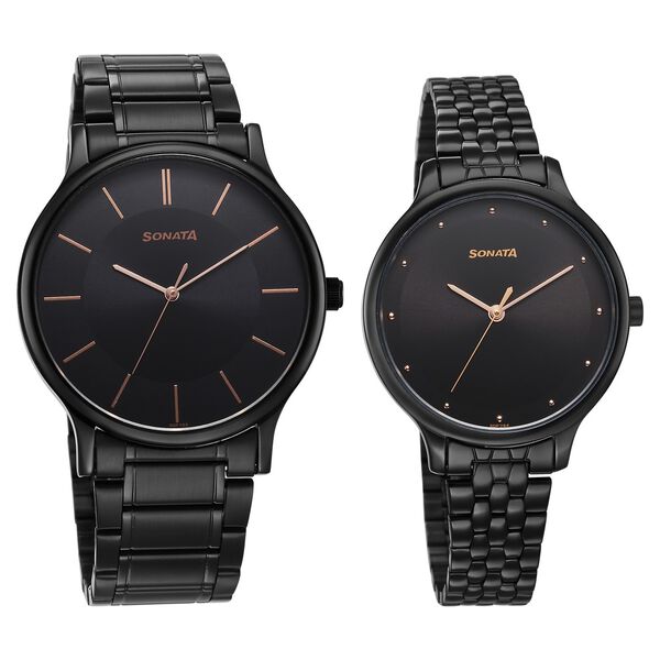 Sonata Pair Quartz Analog Black Dial Stainless Steel Strap Watch for Couple - image number 0