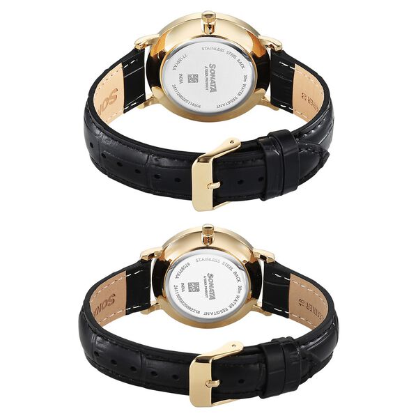 Sonata Perfect Pairs Quartz Analog Green Dial Black Leather Strap Watch For Couple - image number 3