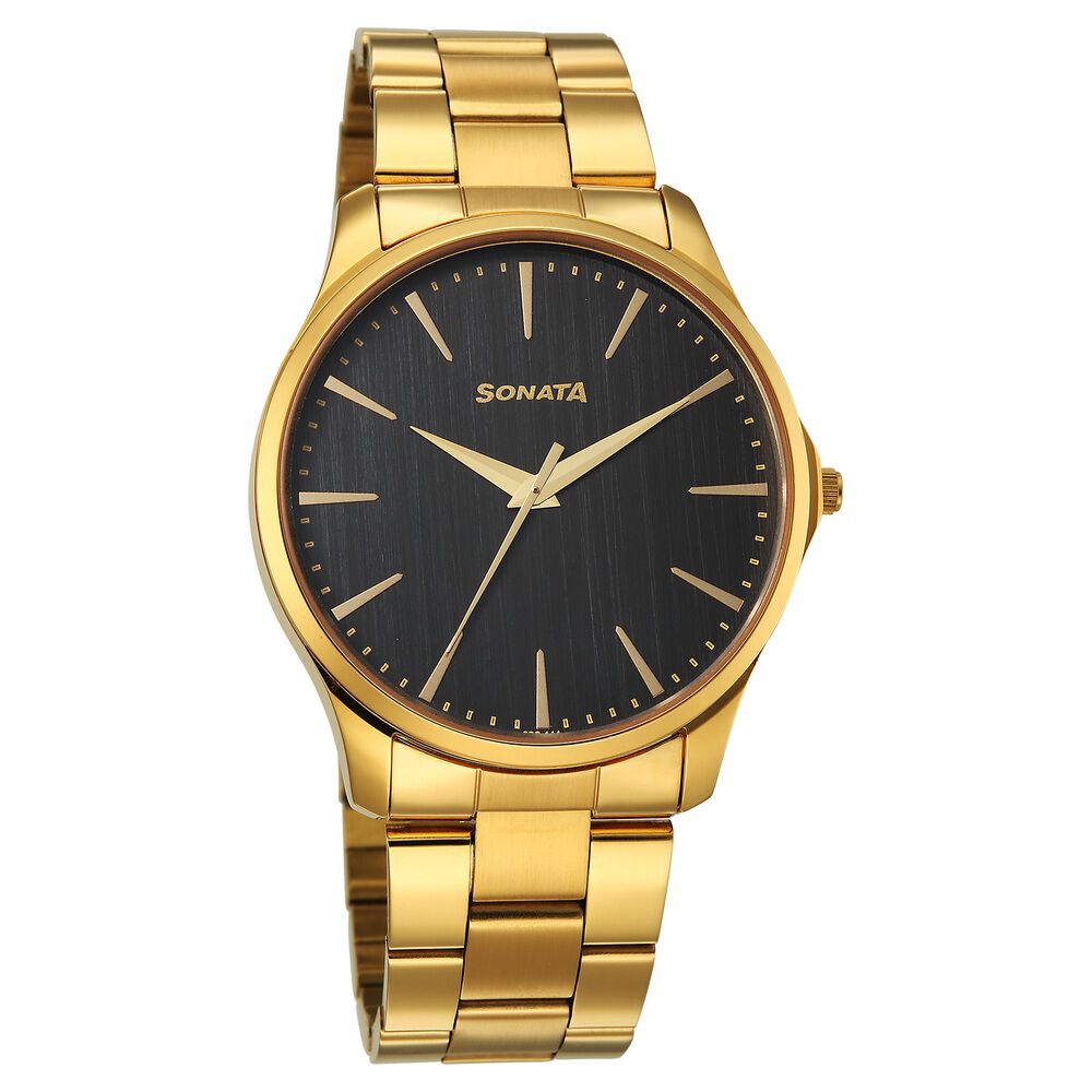 Sonata Traditional Essentials Quartz Analog Black Dial Golden Metal Strap Watch For Men-image-22