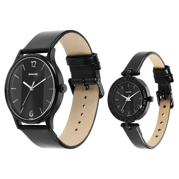Sonata Quartz Analog Black Dial Leather Strap Watch for Couple - image number 1