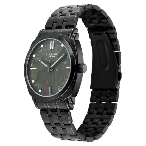 Poze By Sonata Quartz Analog Green Dial Black Metal Strap Watch For Men - image number 2