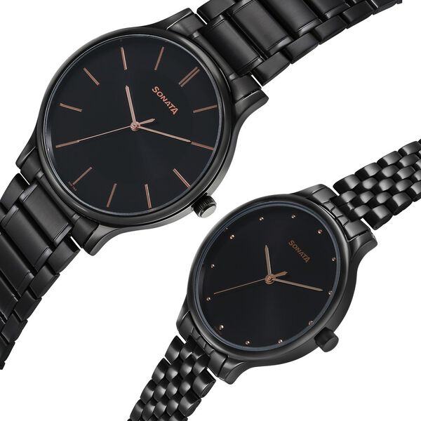 Sonata Pair Quartz Analog Black Dial Stainless Steel Strap Watch for Couple - image number 2