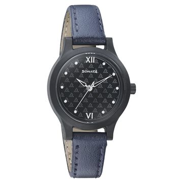 Sonata Essentials Black Dial Women Watch With Leather Strap