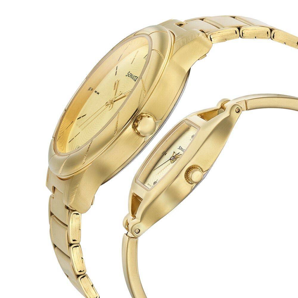 Buy Online Sonata Quartz Analog Beige Dial Stainless Steel Strap Watch for Couple ns71258114ym01p Sonata