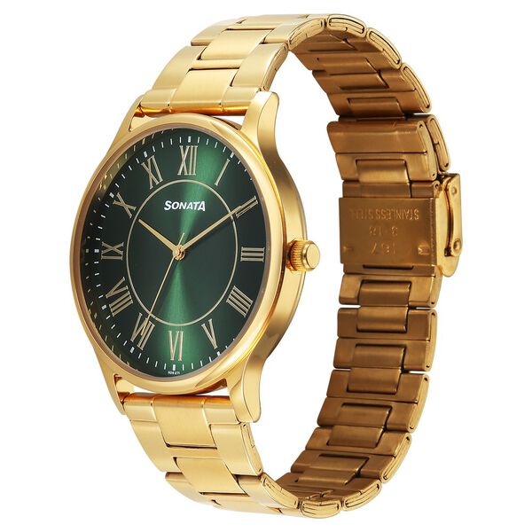 Sonata Traditional Essentials Quartz Analog Green Dial Golden Metal Strap Watch For Men - image number 1