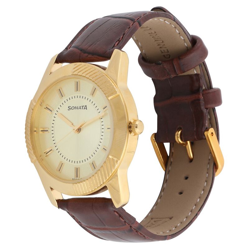 Sonata Quartz Analog Champagne Dial Leather Strap Watch for Men - image number 1