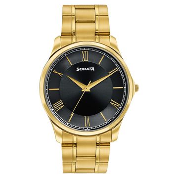 Sonata Traditional Essentials Black Dial Gold-Tone Stainless Steel Strap Watch