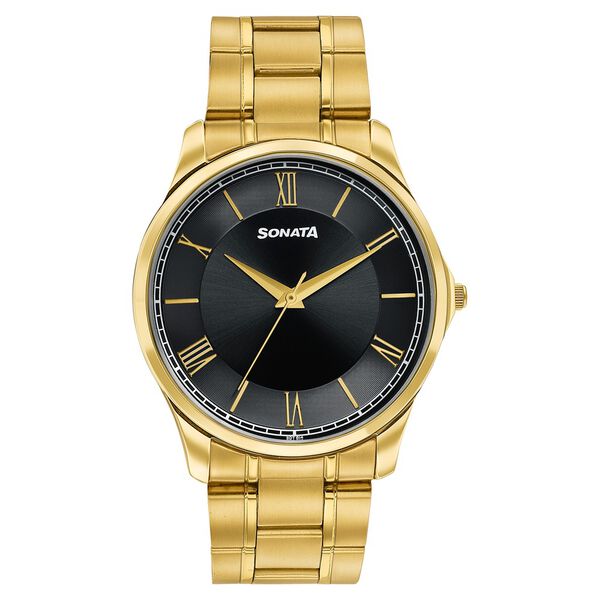 Sonata Traditional Essentials Black Dial Gold-Tone Stainless Steel Strap Watch - image number 0