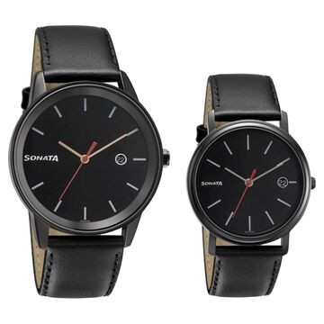 Sonata Quartz Analog with Date Black Dial Leather Strap Watch for Couple
