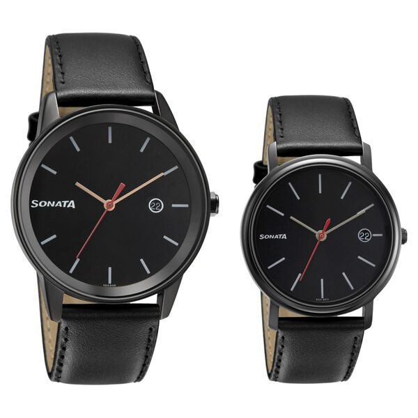 Sonata Quartz Analog with Date Black Dial Leather Strap Watch for Couple - image number 0
