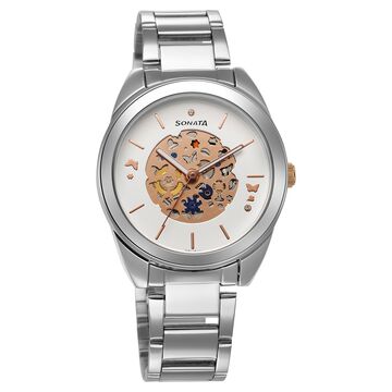 Sonata Unveil Quartz Multifunction Silver Dial Stainless Steel Strap Watch for Women