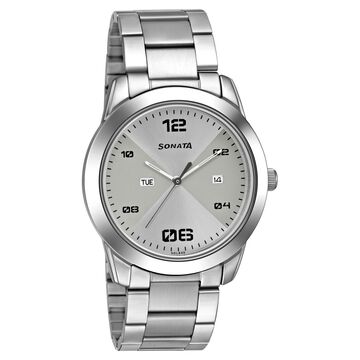 Sonata RPM Quartz Analog with Day and Date Silver Dial Stainless Steel Strap Watch for Men