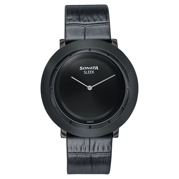 Sonata Sleek Black Dial Black-Tone Leather Strap Watch - image number 0