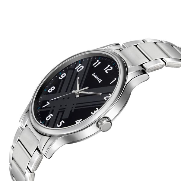Sonata Smart Plaid Quartz Analog Black Dial Stainless Steel Strap Watch for Men - image number 2