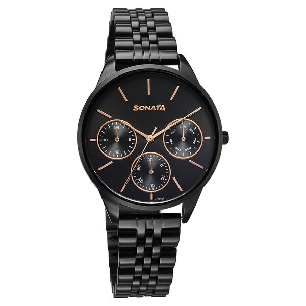 Sonata Eternia Quartz Multifunction Black Dial Metal Strap Watch For Women - image number 0