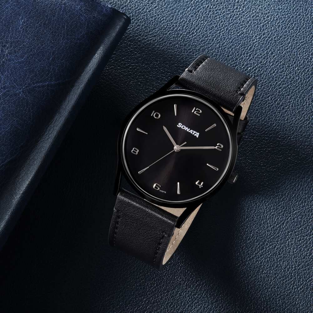 Buy Online Sonata Quartz Analog Black Dial Black Leather Strap Watch For Men 77140nl01 Sonata