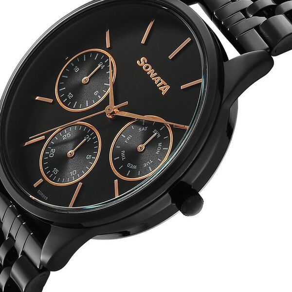 Sonata Eternia Quartz Multifunction Black Dial Metal Strap Watch For Women - image number 3