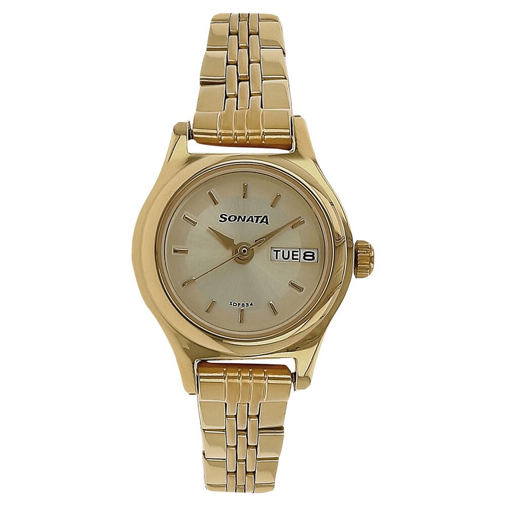 Buy Online Sonata Quartz Analog with Day and Date Champagne Dial Stainless Steel Strap Watch for Women ns8021ym05 Sonata