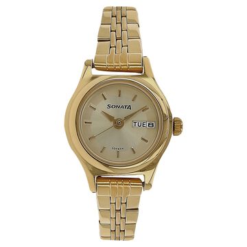 Sonata Quartz Analog with Day and Date Champagne Dial Stainless Steel Strap Watch for Women