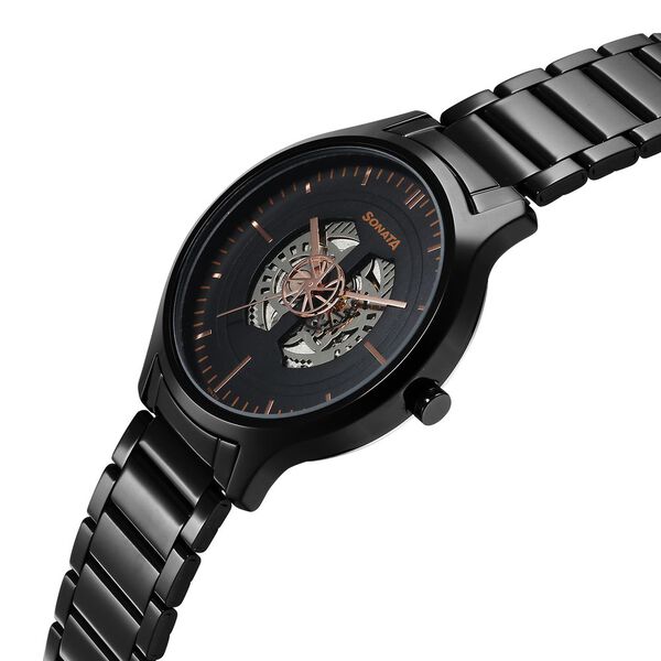 Sonata Unveil Quartz Multifunction Black Dial Stainless Steel Strap Watch for Men - image number 2