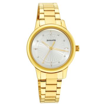 Sonata Classic Gold Silver Dial Metal Strap Watch for Women