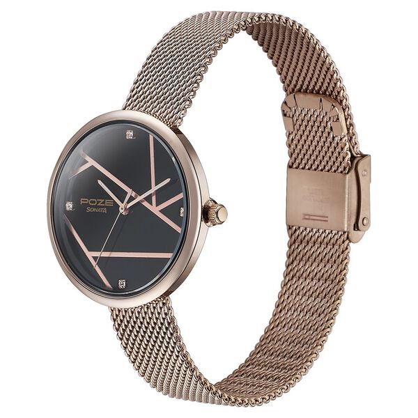 Sonata Poze Quartz Analog Black Dial Rose Gold Color Stainless Steel Strap Watch For Women - image number 3